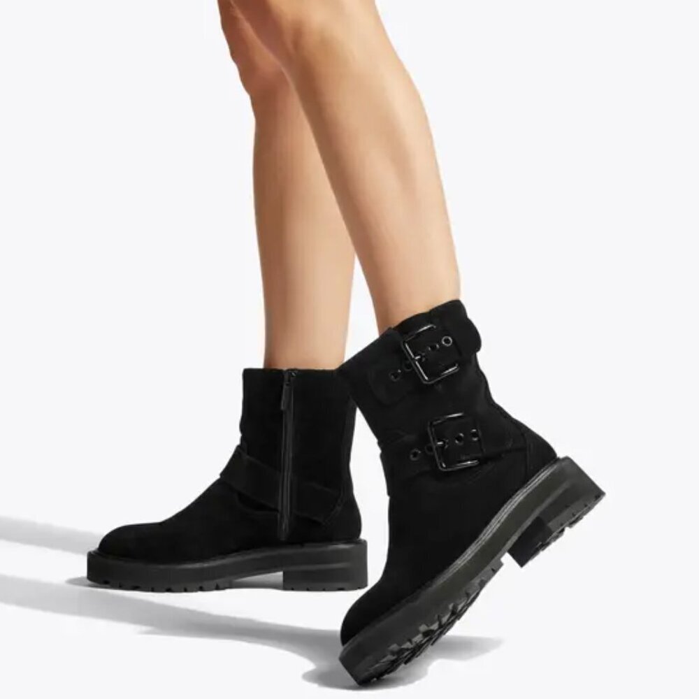 Kurt Geiger Hackney Black Suede Double Buckle Biker Boot. EU 36.6/US 6.5